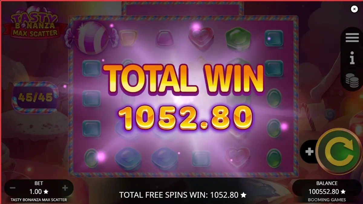 Tampilan visual ceria dari slot Tasty Bonanza Max Scatter dengan tema permen.