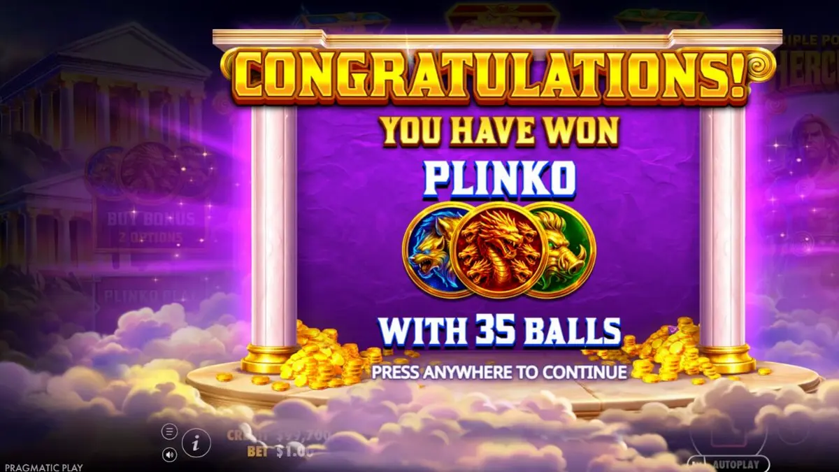 Pemandangan atmosferik Mount Olympus dalam slot Triple Pot Plinko – Hercules